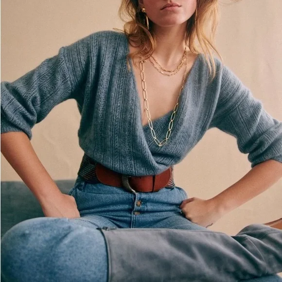 SEZANE Blue Mohair Wool V Neck Crossover Cristina Sweater Balloon Sleeve Jumper - Picture 4 of 17